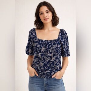 Pheasant Blouse Navy - Beige/Blue Floral Pattern Square Neck Puff Sleeve SizeXS